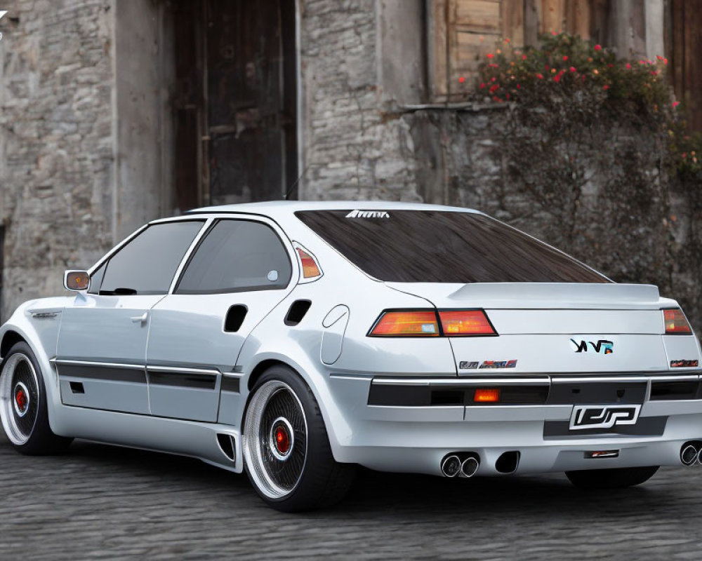 Silver Classic Sports Car with "INFINI" Branding, Rear Spoiler, Quad Exhaust Pipes