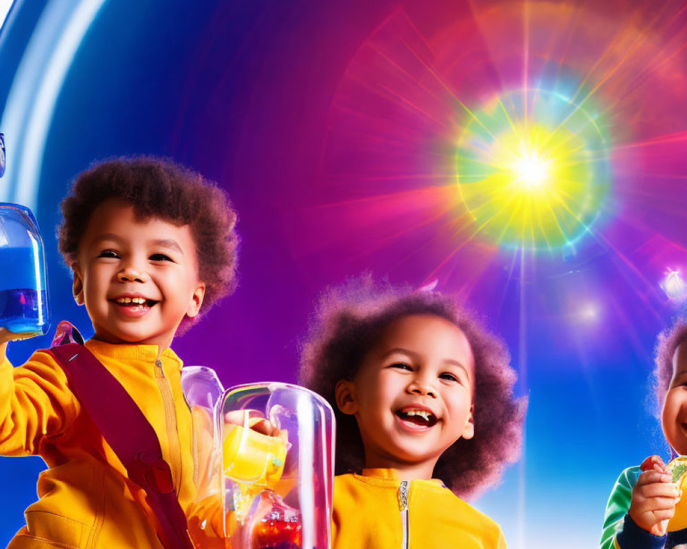 Two children with colorful outfits and afro hair holding science beaker and candy in front of vibrant rainbow