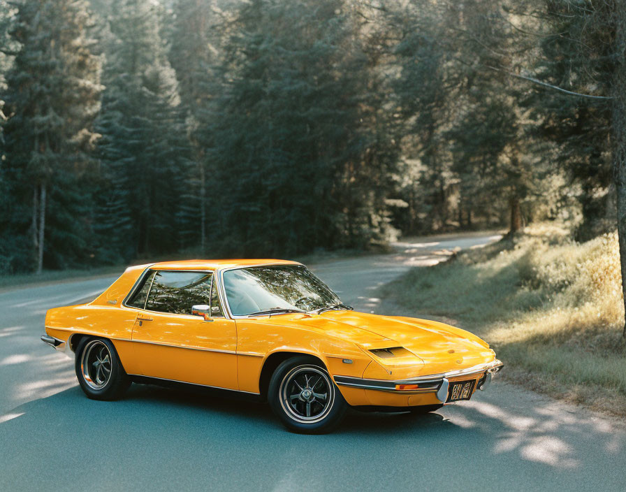 Vintage Yellow Car Parked on Asphalt Road in Serene Forest Setting