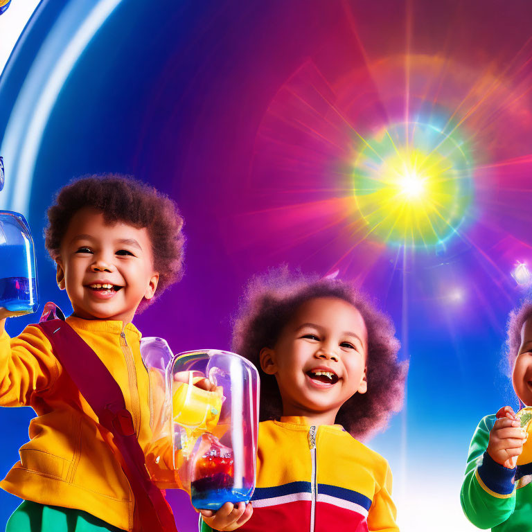 Two children with colorful outfits and afro hair holding science beaker and candy in front of vibrant rainbow