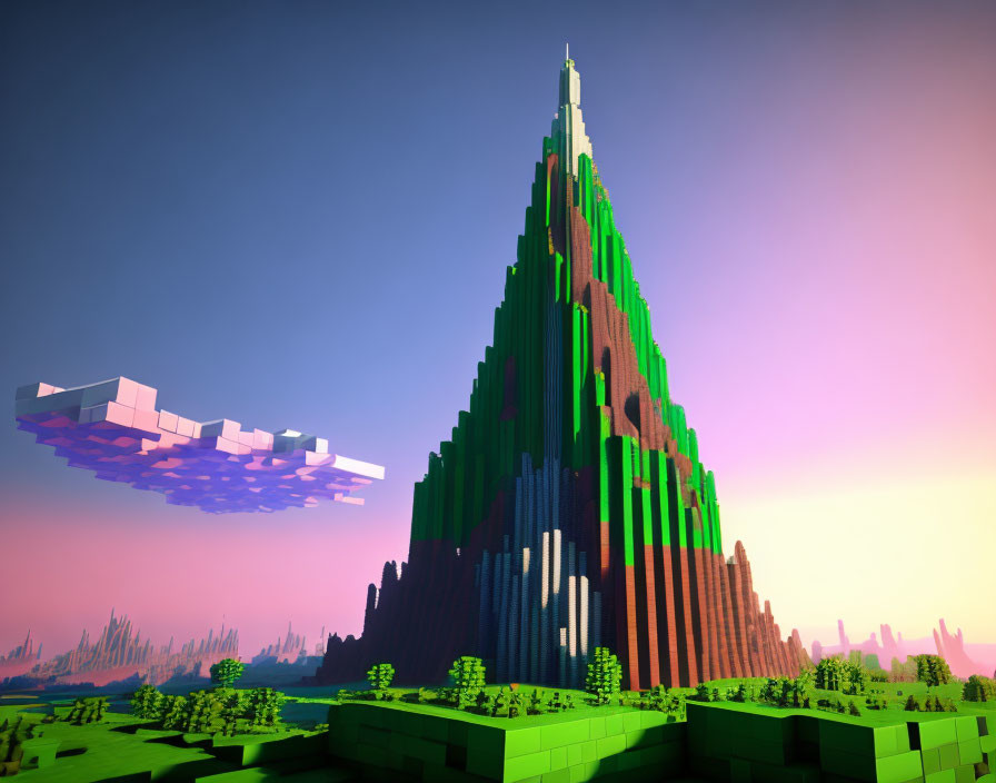 Vibrant Voxel-Based Landscape with Green Mountain Spire