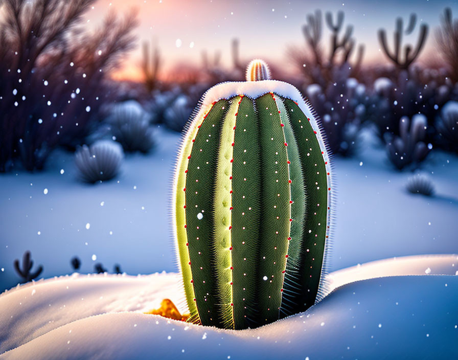 Cactus in snowy landscape at sunset with drifting snowflakes