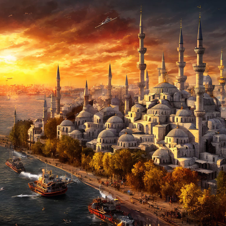 Istanbul skyline at sunset with Blue Mosque minarets, Bosphorus ships, fall foliage,