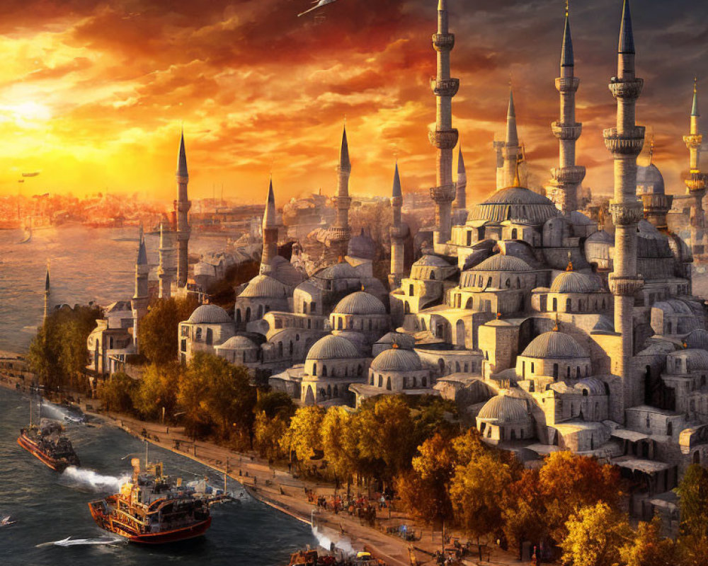 Istanbul skyline at sunset with Blue Mosque minarets, Bosphorus ships, fall foliage,