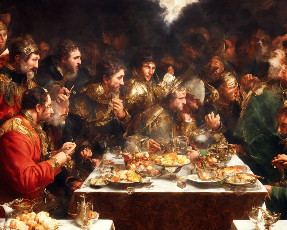 Opulent feast scene with elegantly attired guests at a lavish table