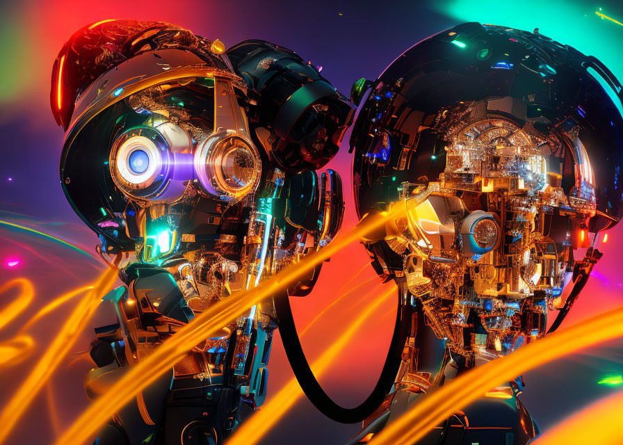 Detailed robotic heads with glowing eyes in neon-lit setting