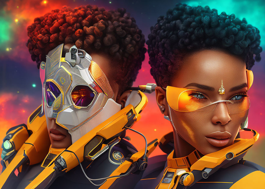 Futuristic digital artwork of two individuals in vibrant colors against a cosmic background