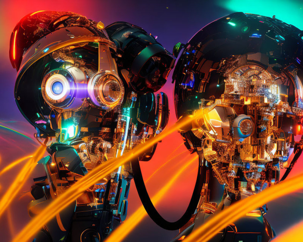 Detailed robotic heads with glowing eyes in neon-lit setting