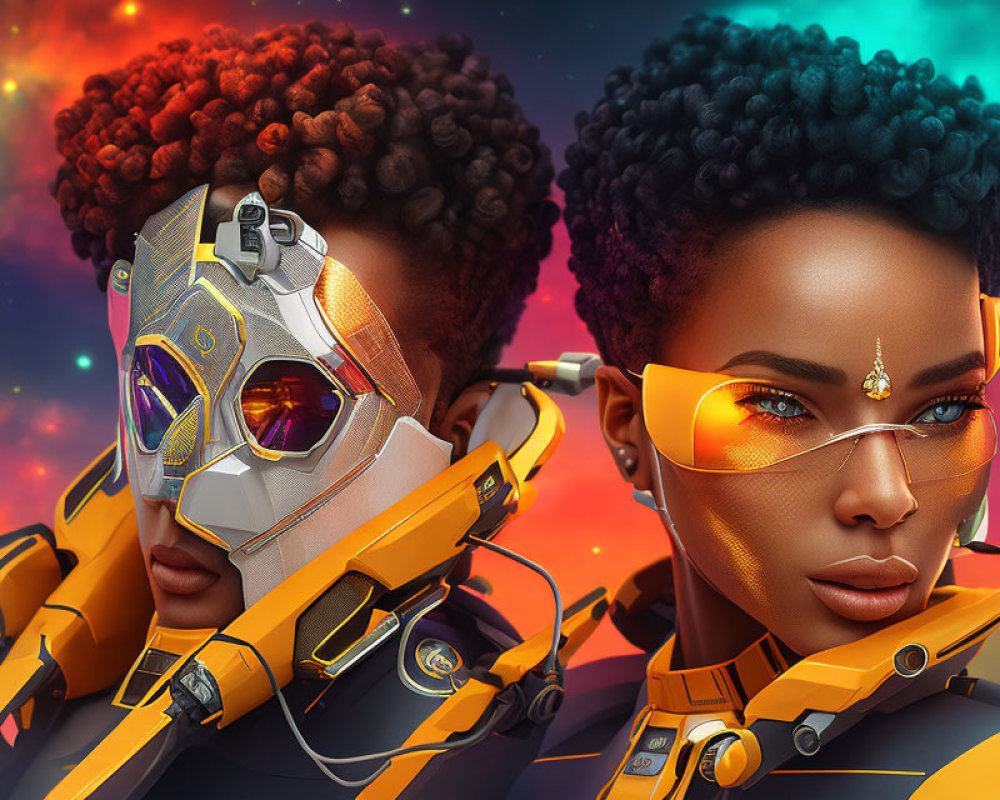 Futuristic digital artwork of two individuals in vibrant colors against a cosmic background