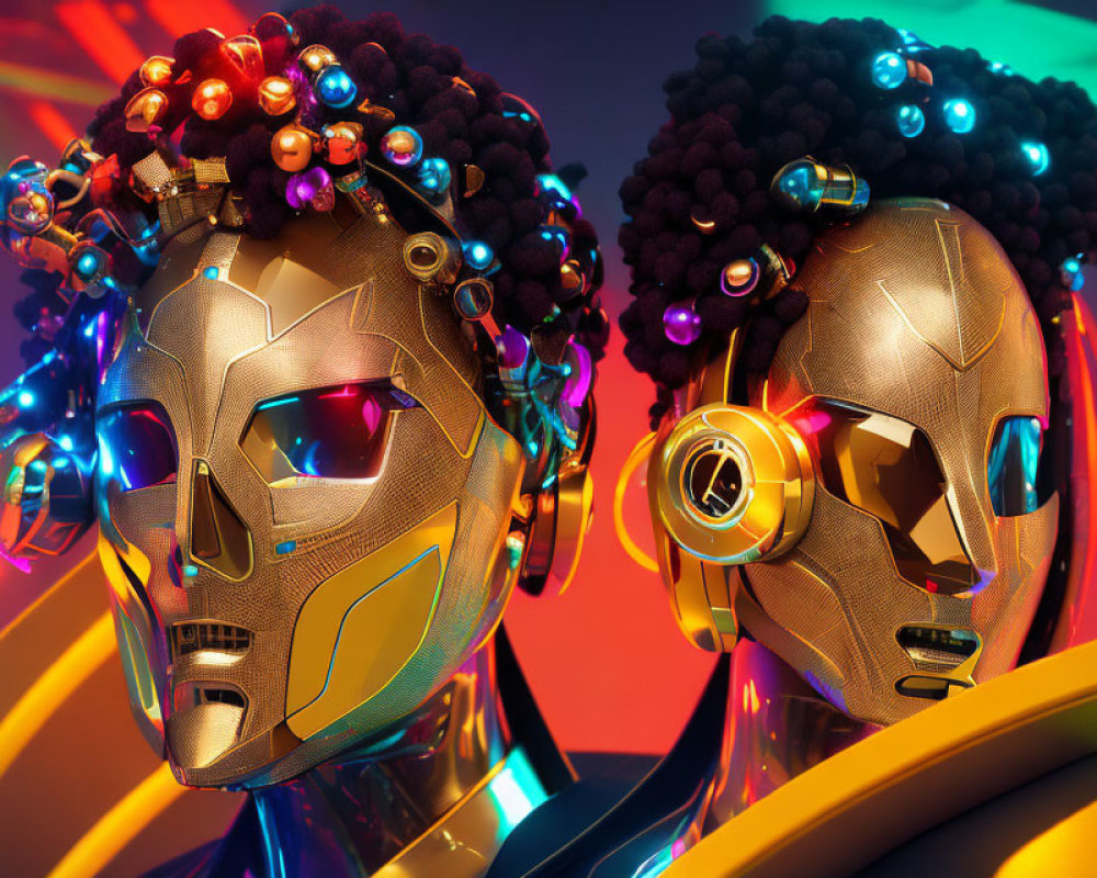 Futuristic robotic heads with African hair and colorful beads on neon background