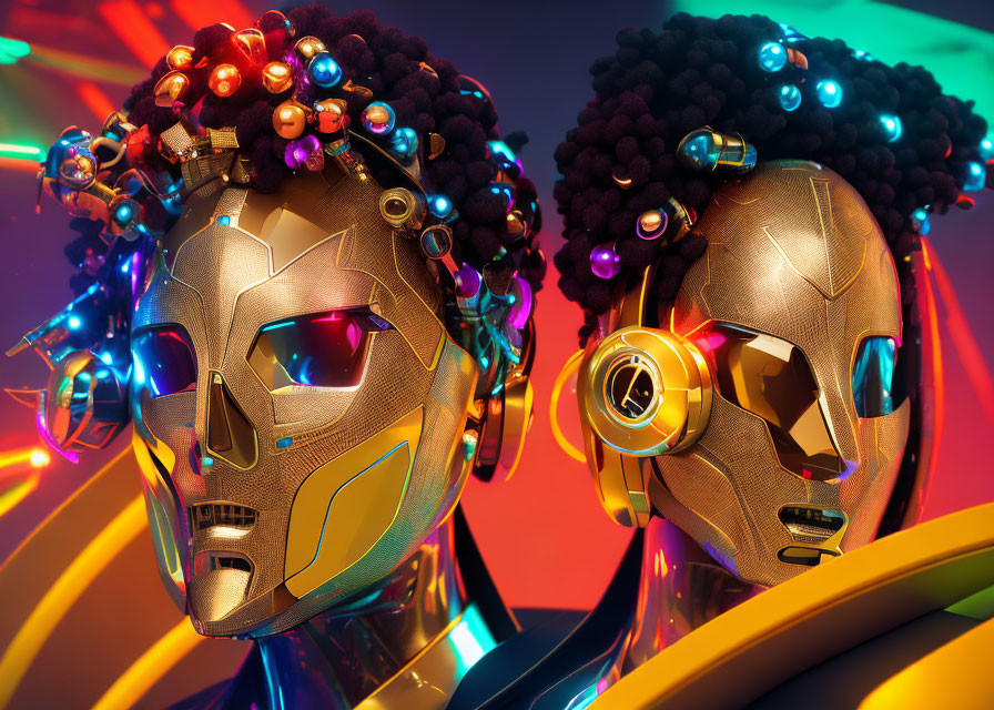 Futuristic robotic heads with African hair and colorful beads on neon background