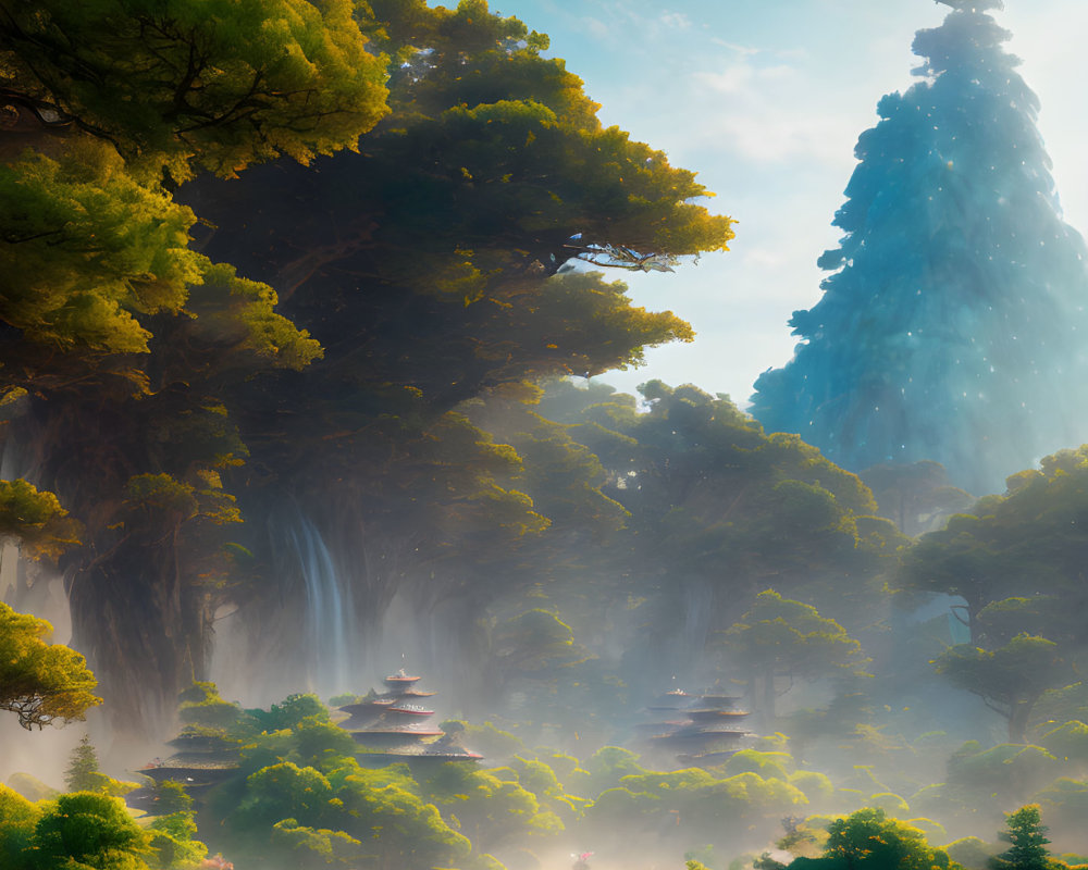 Majestic forest with towering trees and pagoda-style structures