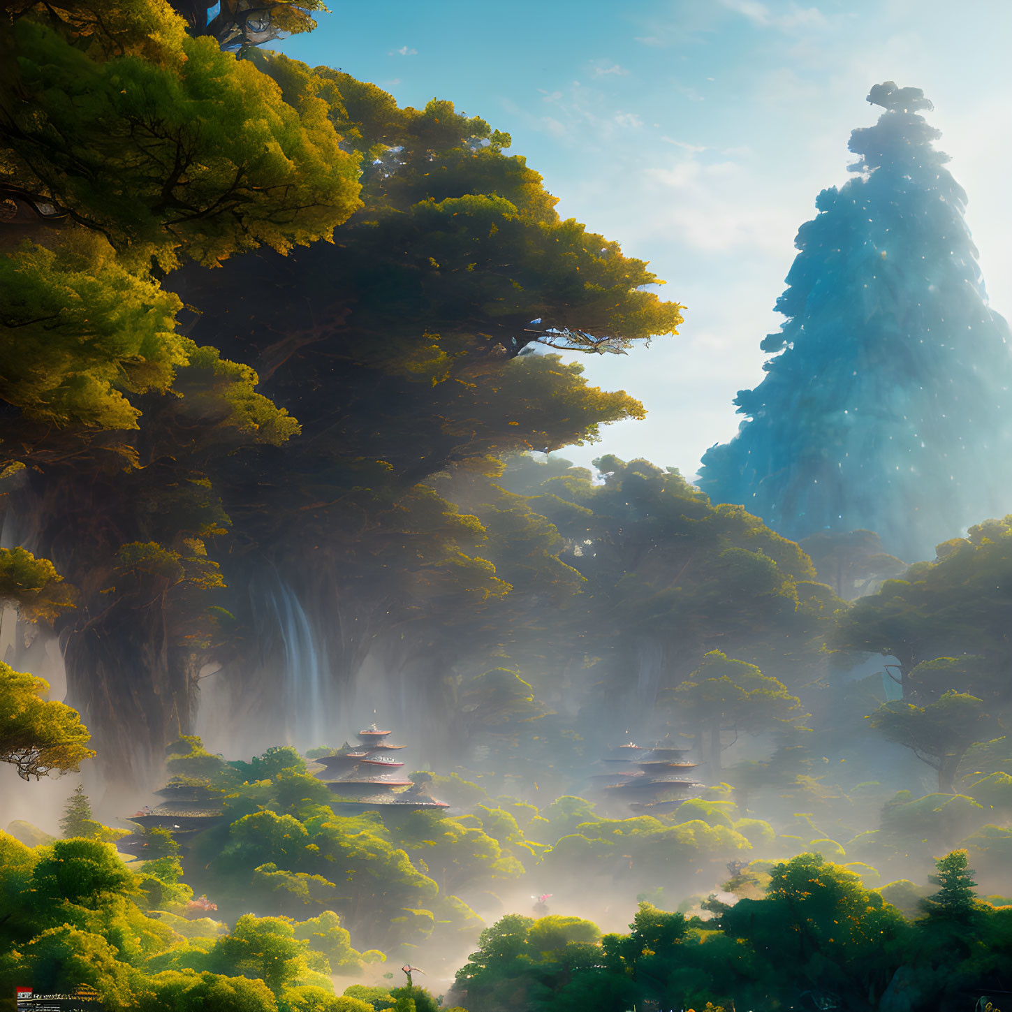 Majestic forest with towering trees and pagoda-style structures