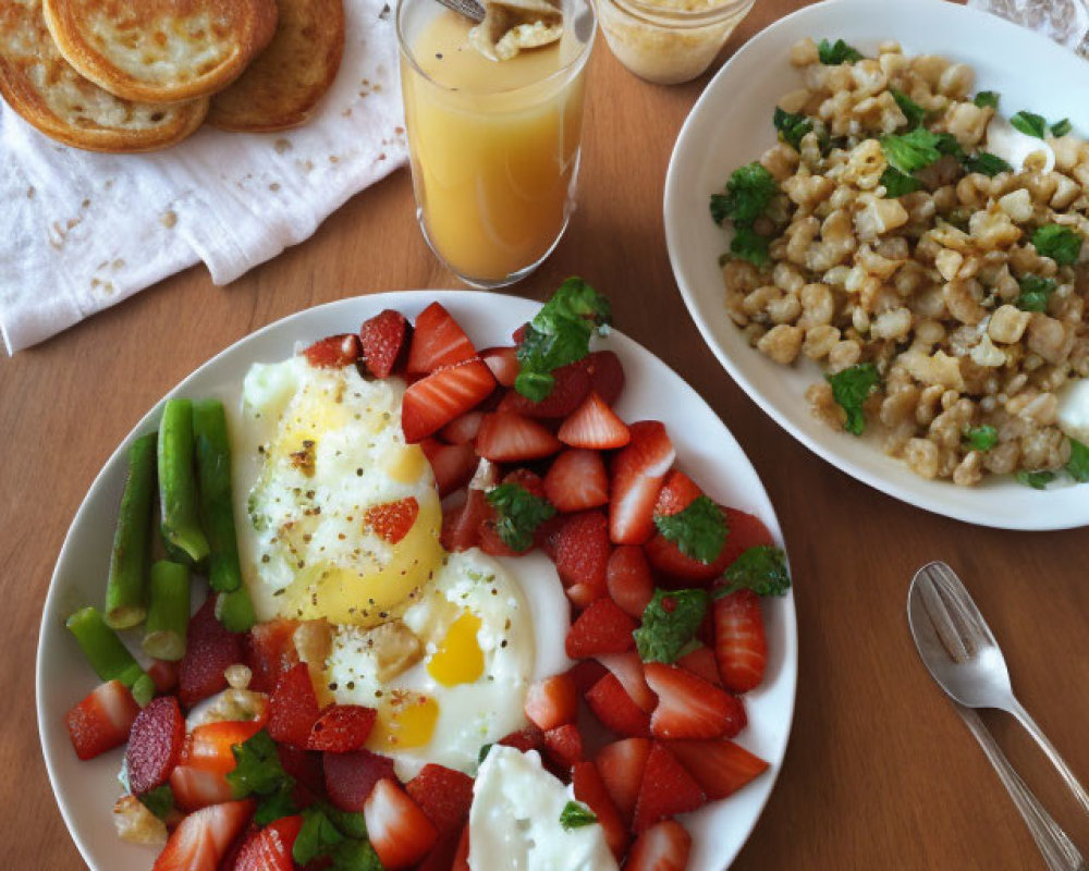 Wooden table breakfast spread: eggs, asparagus, strawberries, toast, grain, orange juice