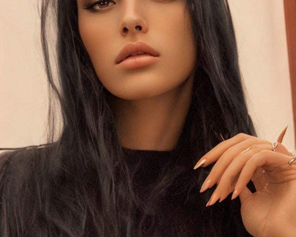 Dark-haired woman in smoky eye makeup, black top with white text, and intense gaze.