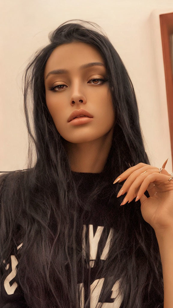 Dark-haired woman in smoky eye makeup, black top with white text, and intense gaze.