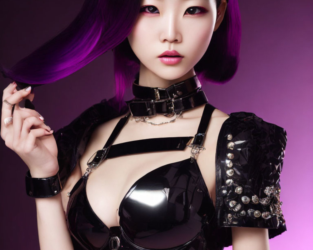 Purple-haired woman in edgy black attire on metallic purple backdrop