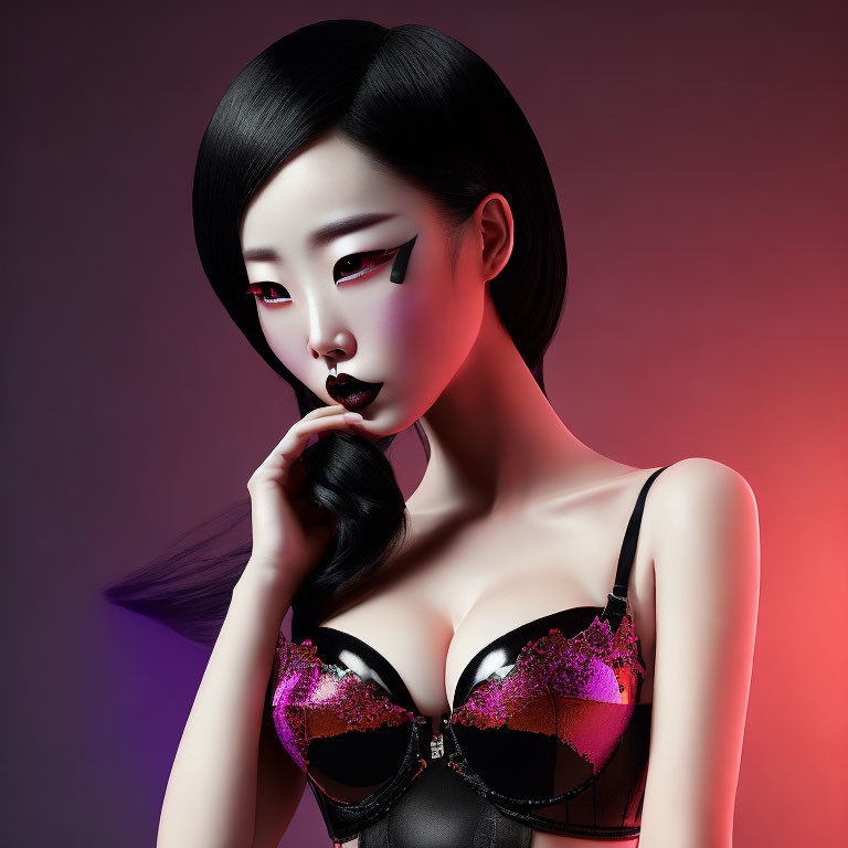 Digital Artwork: Woman with Stylized Makeup and Black/Magenta Bustier