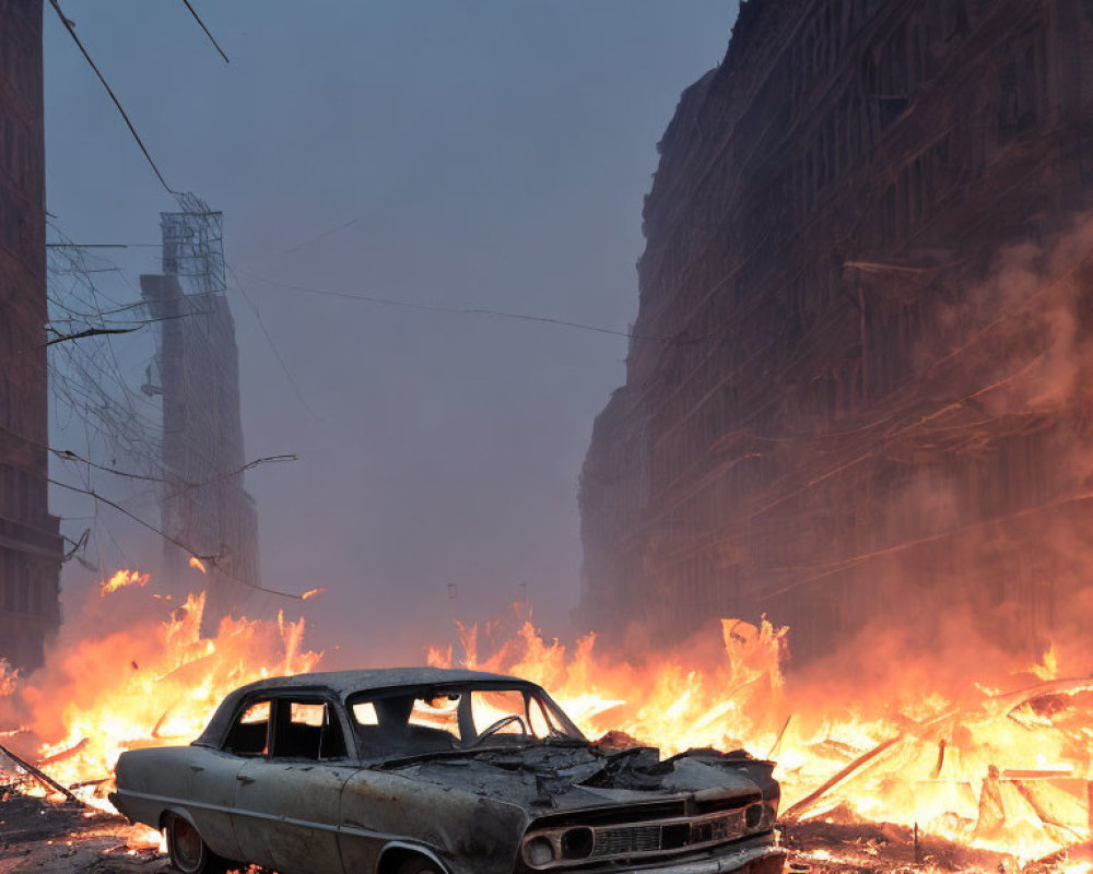 Abandoned burnt car in fiery urban scene with dark buildings and ominous sky