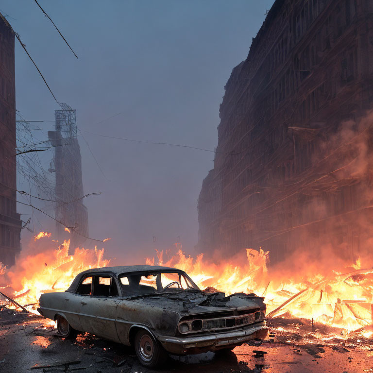 Abandoned burnt car in fiery urban scene with dark buildings and ominous sky