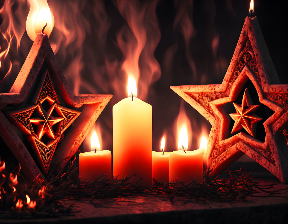 Three lit candles and two star-shaped lanterns emitting warm glow on dark background