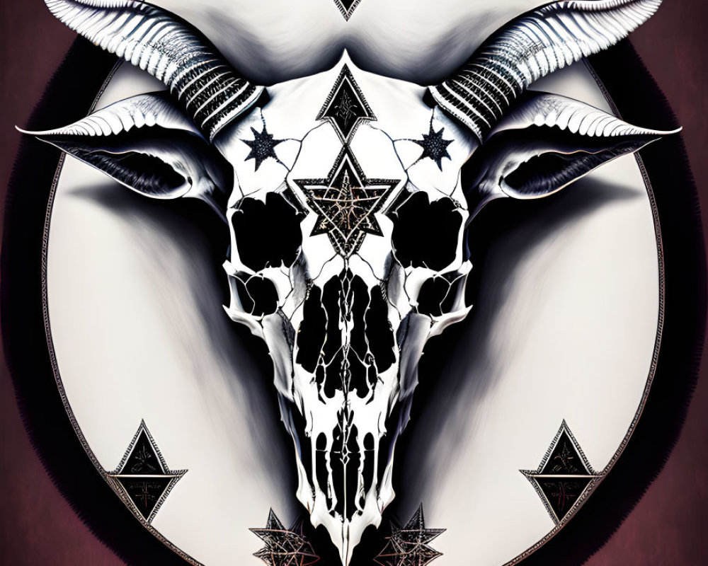 Stylized white bull skull with horns on crimson background, featuring geometric shapes and mystical symbols.