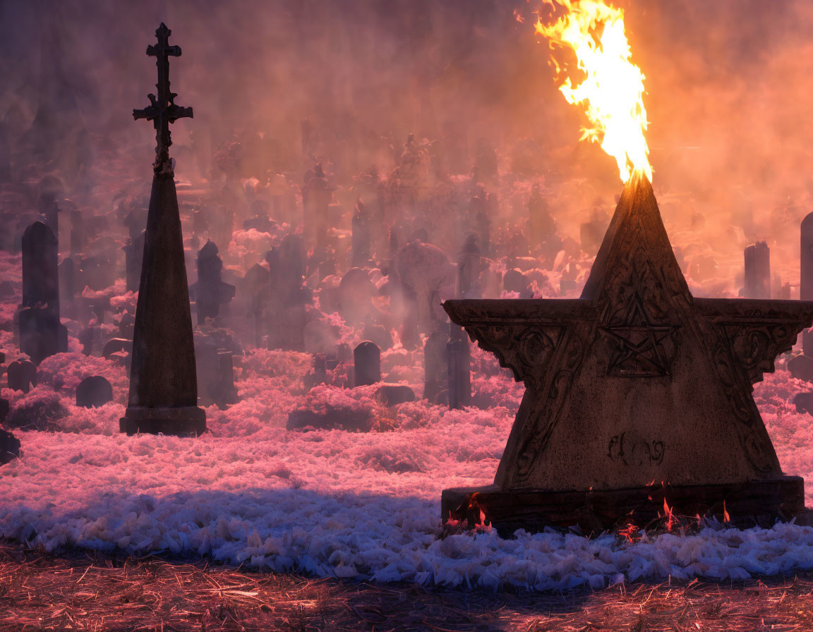 Misty graveyard at dusk with tombstones, cross, and flaming star monument in snow.