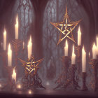 Gothic arch backdrop with illuminated candles and metallic pentagrams