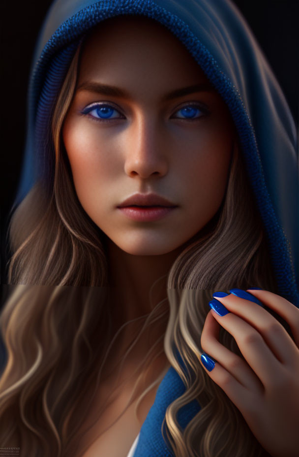 Woman with Striking Blue Eyes in Hood with Wavy Hair