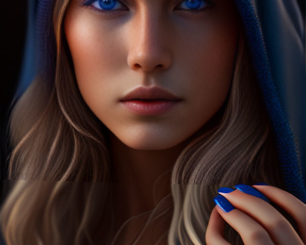 Woman with Striking Blue Eyes in Hood with Wavy Hair