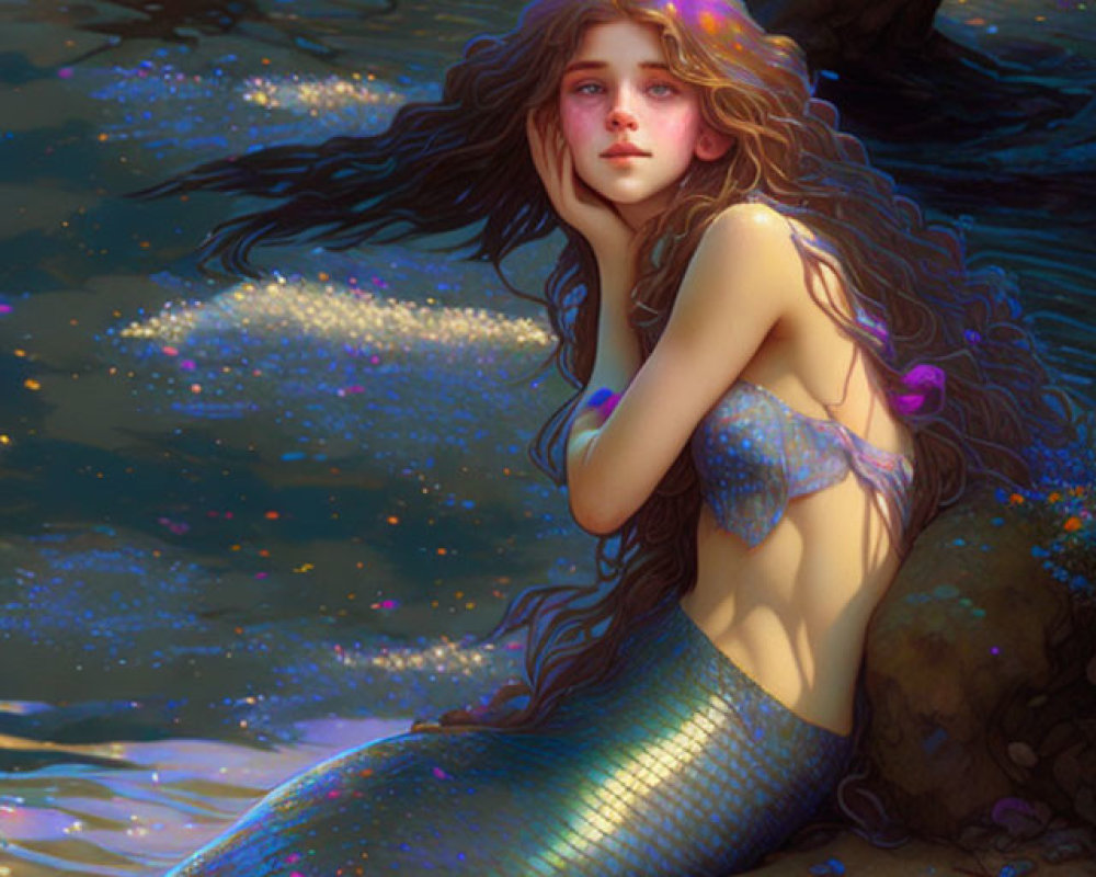 Mermaid with long hair and shimmering tail by sparkling water