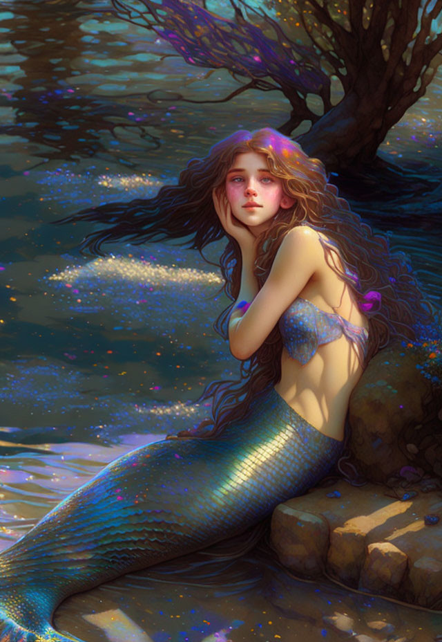 Mermaid with long hair and shimmering tail by sparkling water