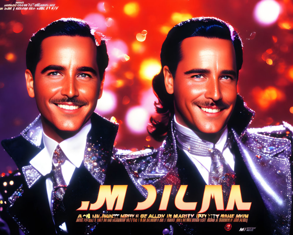 Two men in sparkling tuxedos on red bokeh background with stylized text overlay