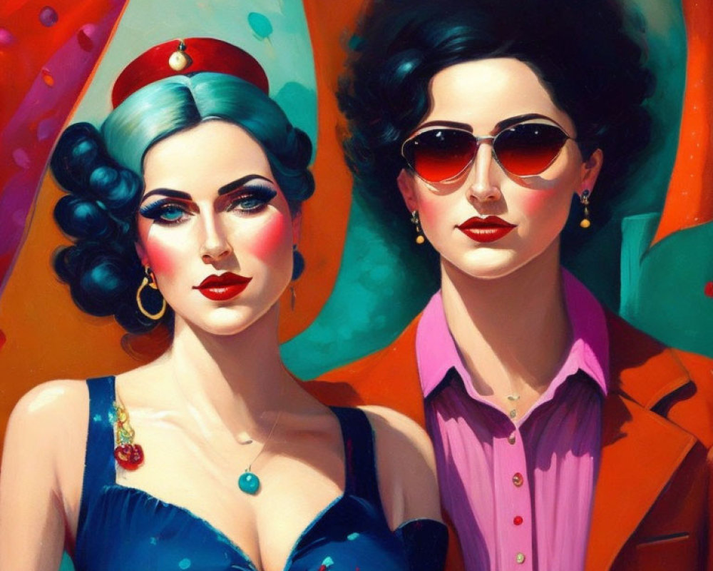Stylized women with vibrant makeup and retro hairstyles in blue and pink attire