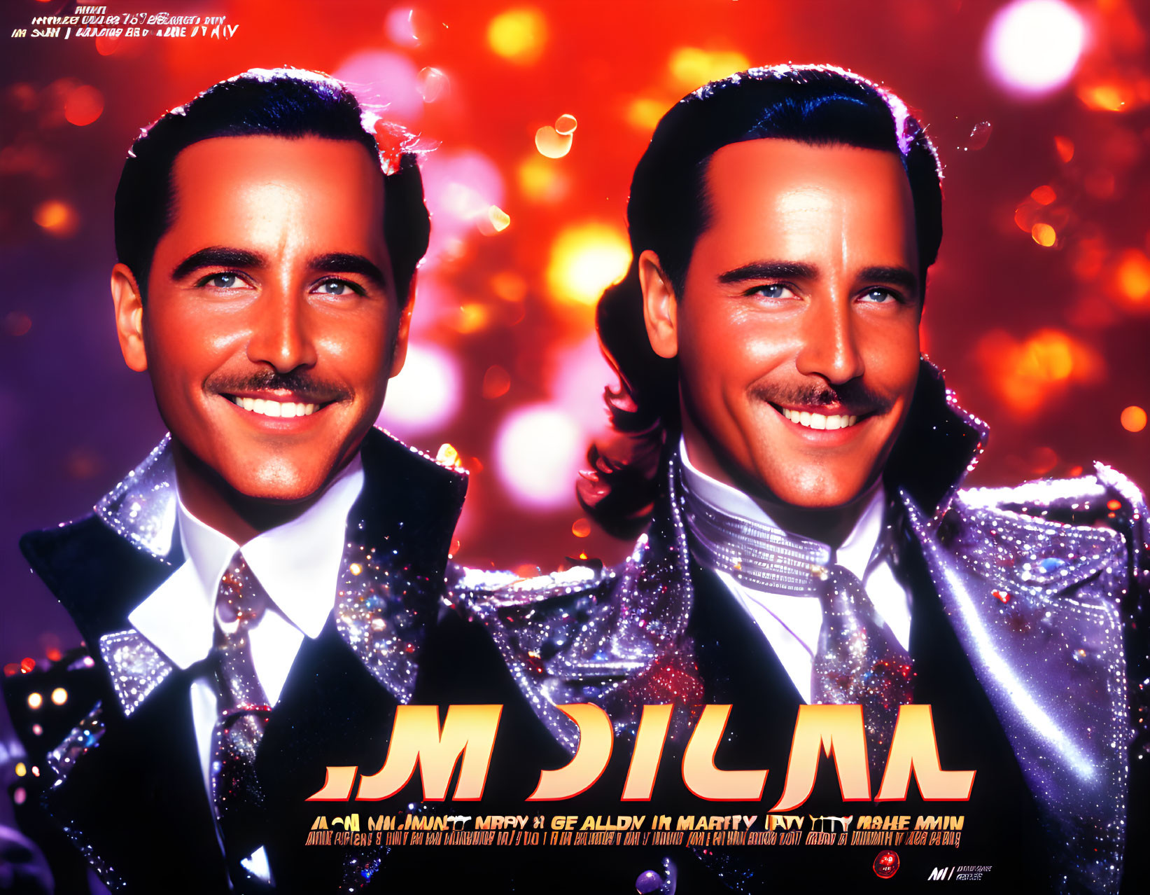 Two men in sparkling tuxedos on red bokeh background with stylized text overlay