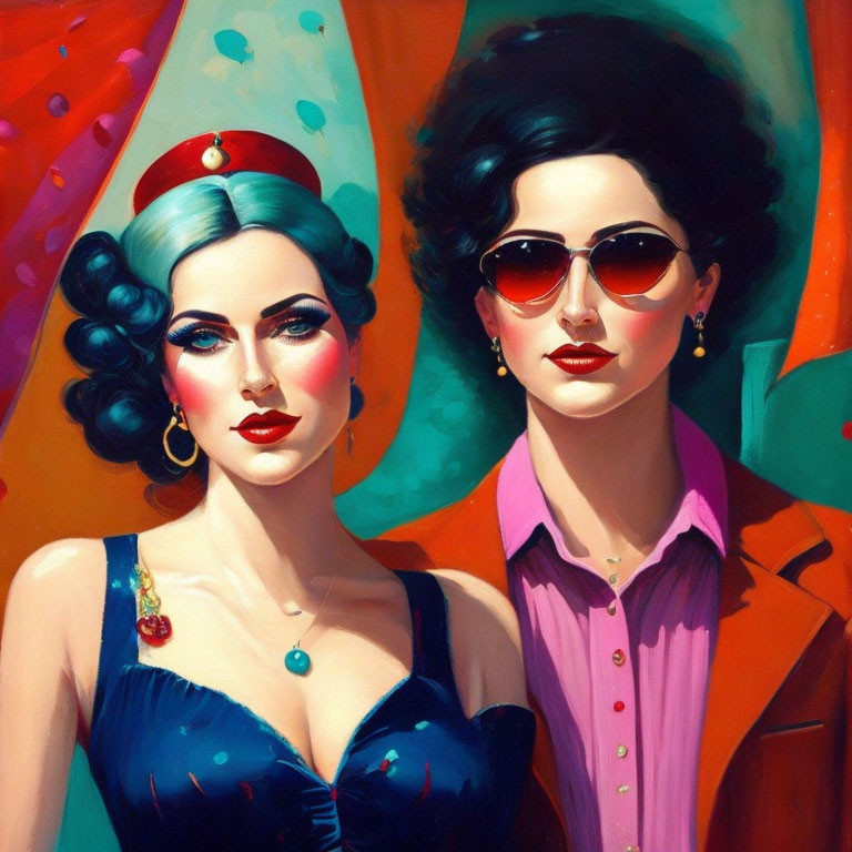 Stylized women with vibrant makeup and retro hairstyles in blue and pink attire