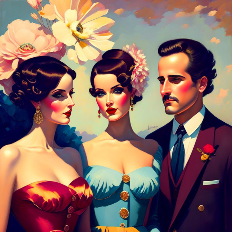 Three retro-styled individuals in elegant attire and floral accessories