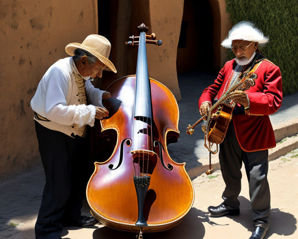 Musicians in traditional attire play cello and saxophone outdoors.