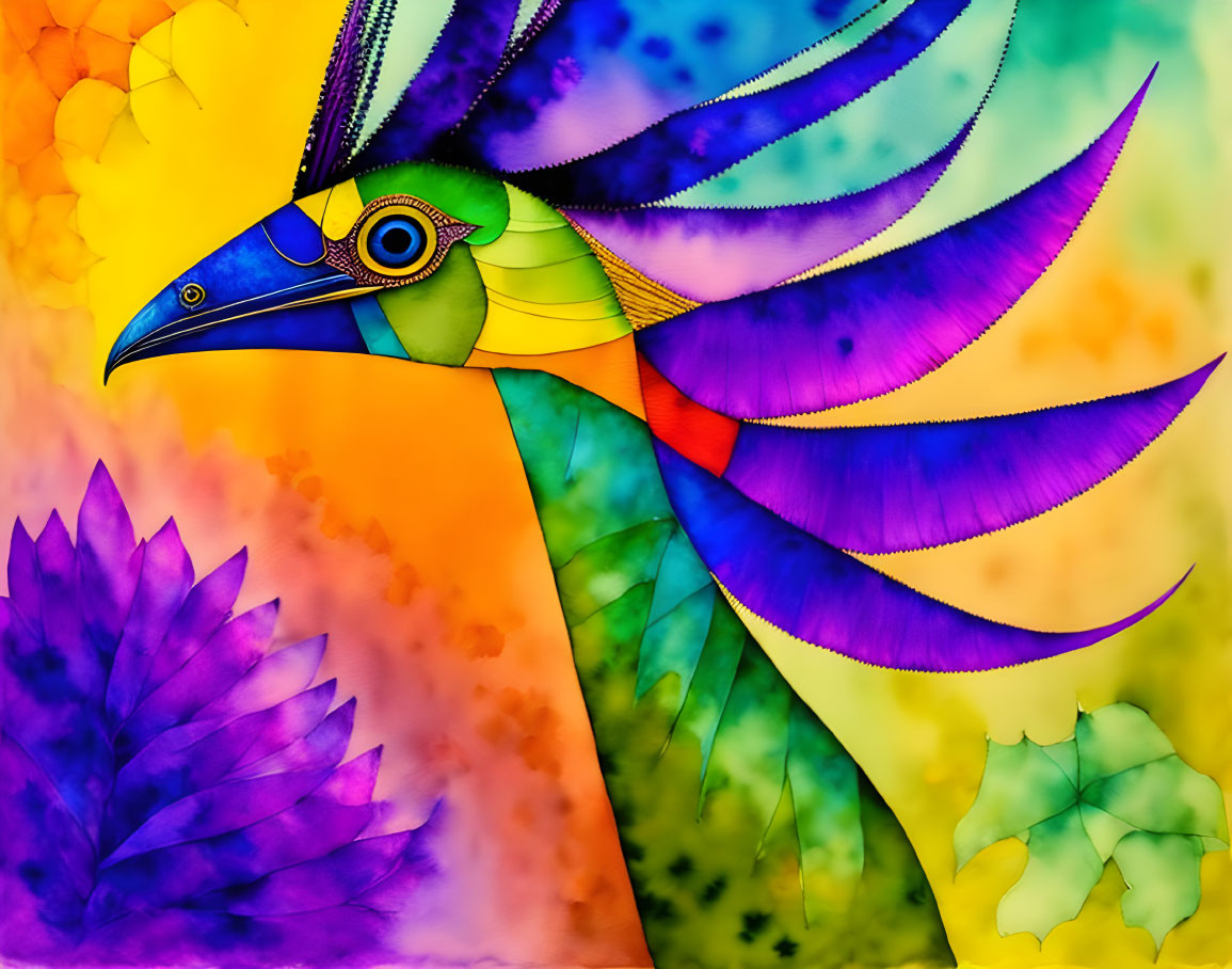 Colorful Stylized Bird Illustration with Blue, Green, and Purple Feathers