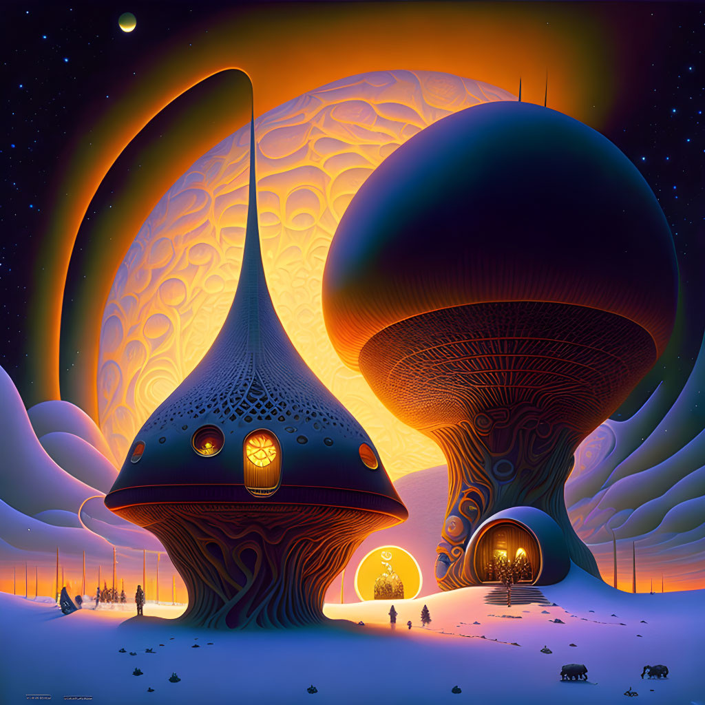 Fantastical landscape with mushroom-like structures and glowing entrance at twilight