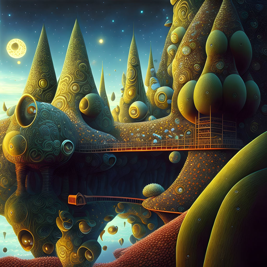 Surreal landscape with whimsical tree-like structures and starry sky