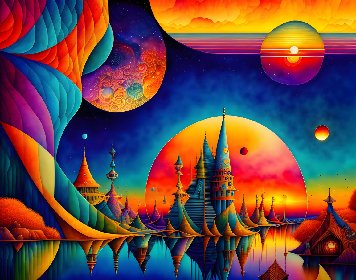 Colorful surreal landscape with whimsical structures and celestial bodies reflected in water