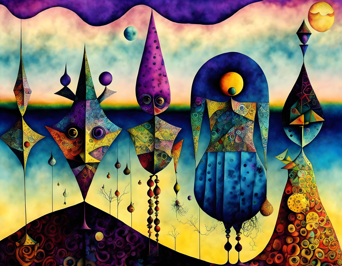 Colorful Abstract Art: Geometric Shapes & Whimsical Figures Under Stylized Sky