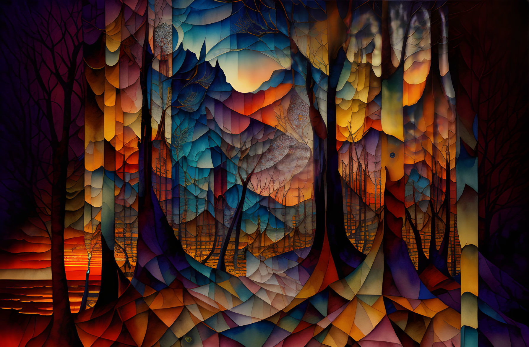 Colorful abstract forest scene with stylized trees and vibrant leaves at sunset.