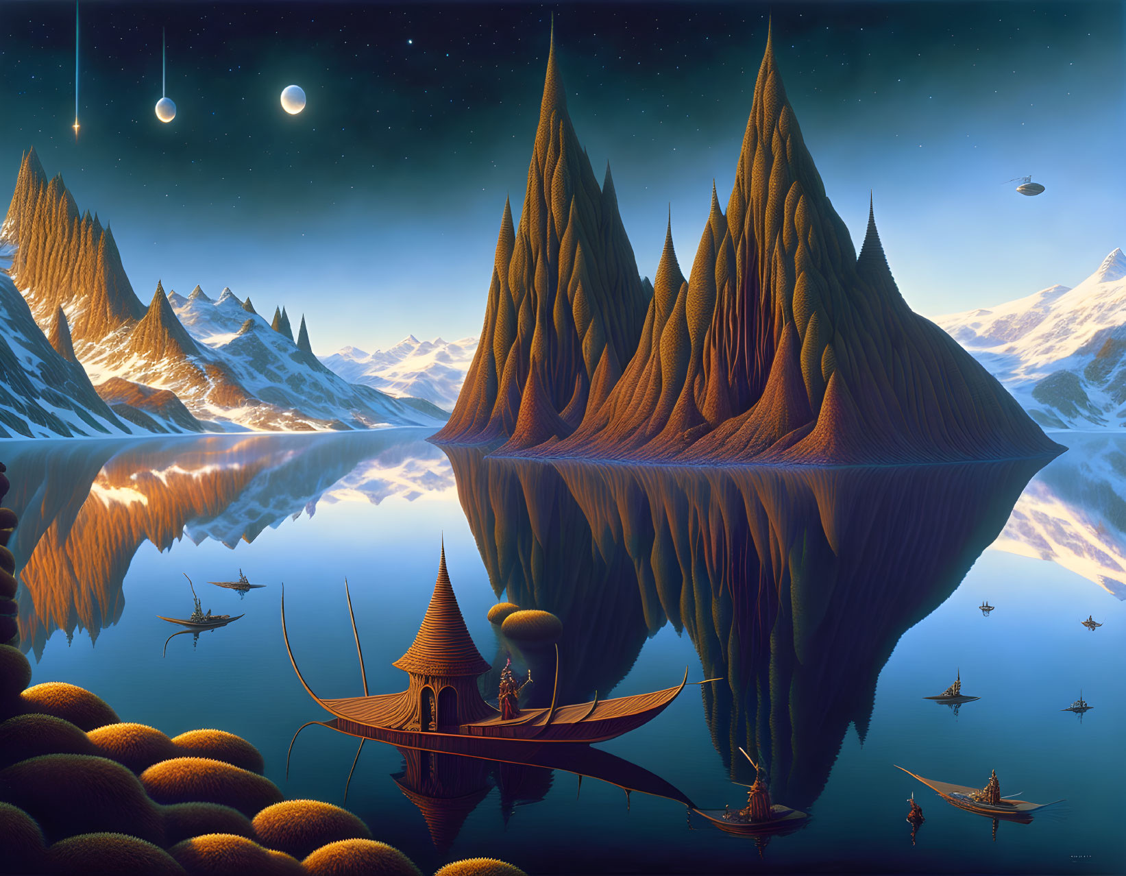 Sharp mountain peaks, dual moons, starship, and people in boats on futuristic landscape.