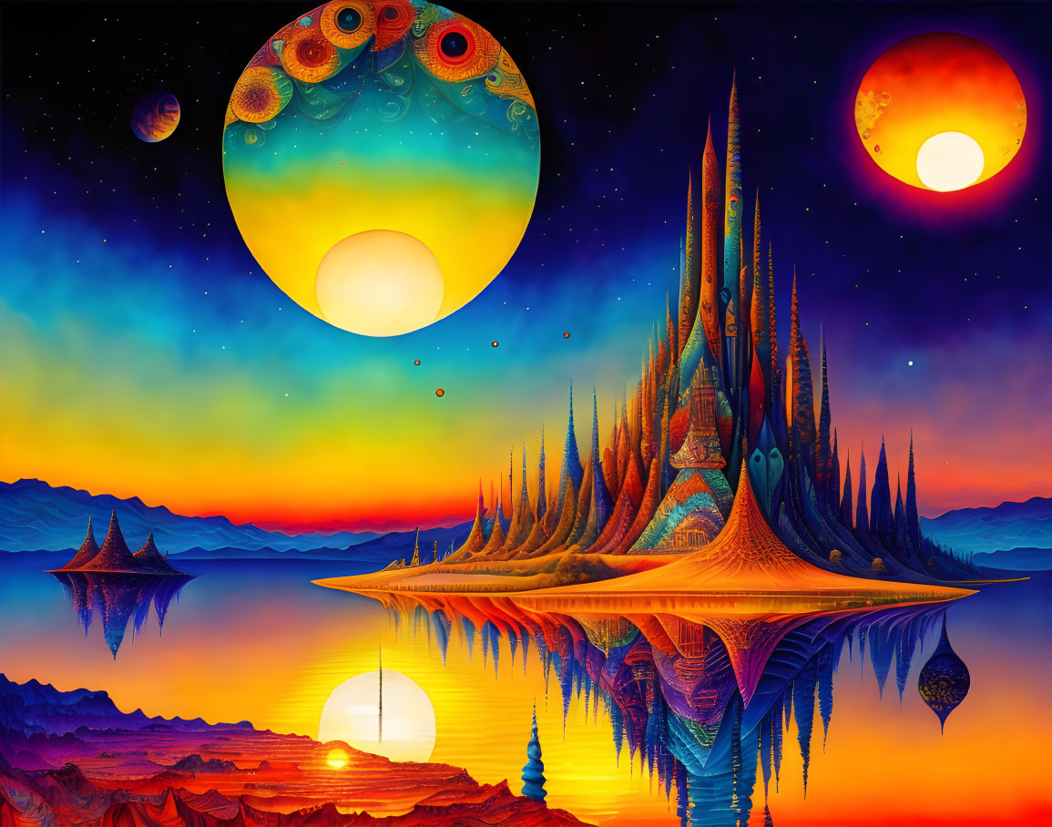 Surreal otherworldly landscape with vibrant structures and multiple planets in the sky