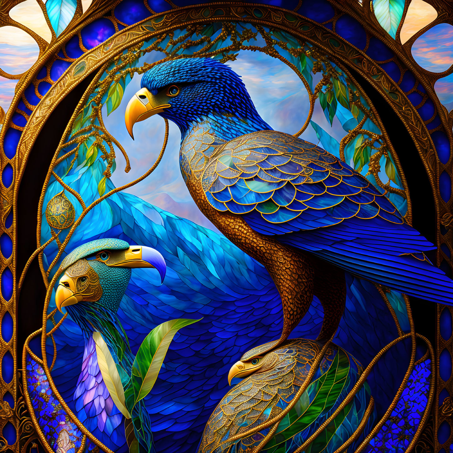 Detailed Illustration of Blue Eagles in Golden Frames Amid Lush Foliage