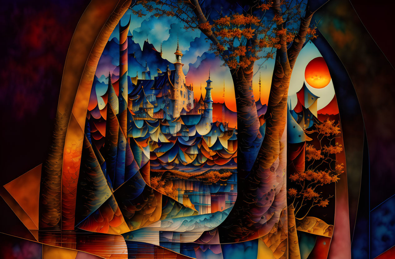 Fantastical landscape with castle, trees, and sunset in surreal art style