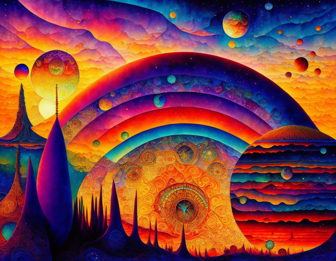 Colorful Psychedelic Landscape with Swirling Patterns and Celestial Elements