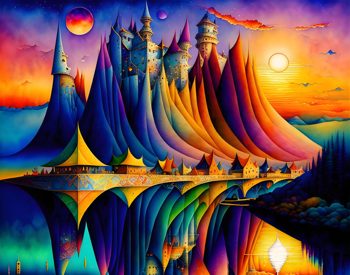 Colorful, fantastical landscape with castles, river, boat, two moons, and sun